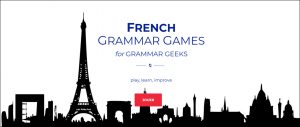 screenshot of French Grammar Game site showing skyline of Paris